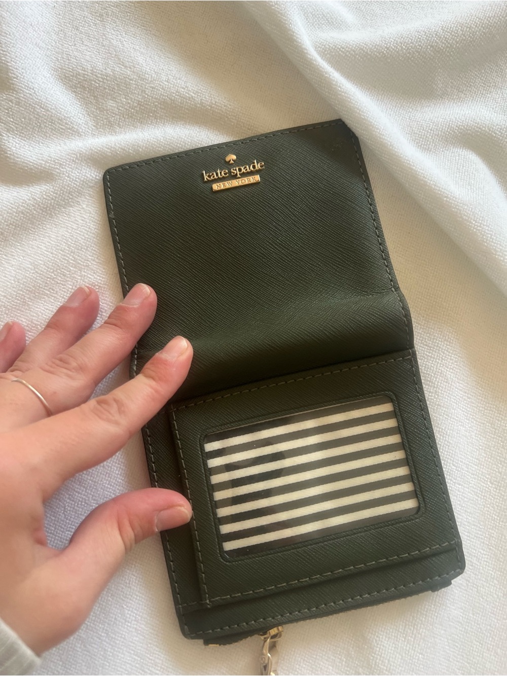 kate spade Olive Green Saffiano Leather Card & ID Holder with Gold Logo
